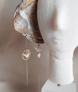 Origami Crane Earrings: Mismatched Geometric Mixed Metal Dangle Earrings